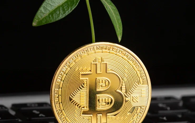 a gold coin with a plant growing from it